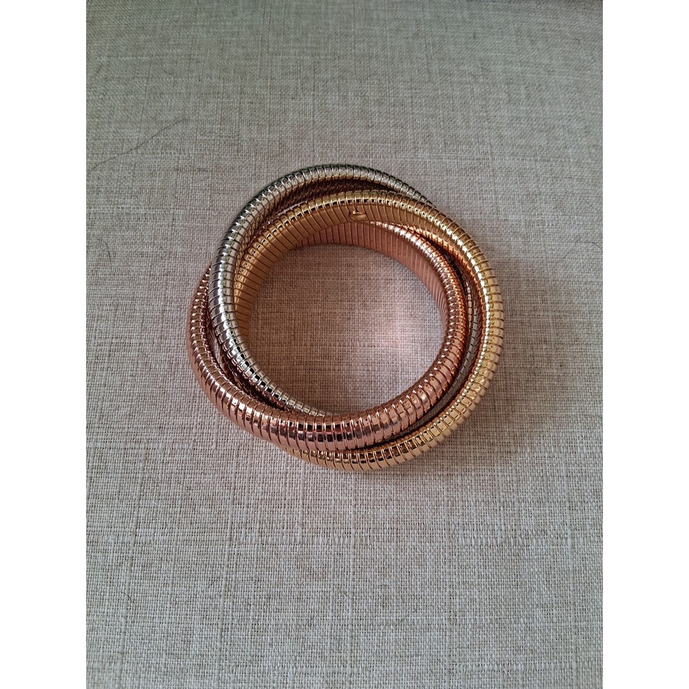 Tricolor Coil Bracelet Gold Silver Rose Tone Stretch Statement Bangle - Picture 3 of 6